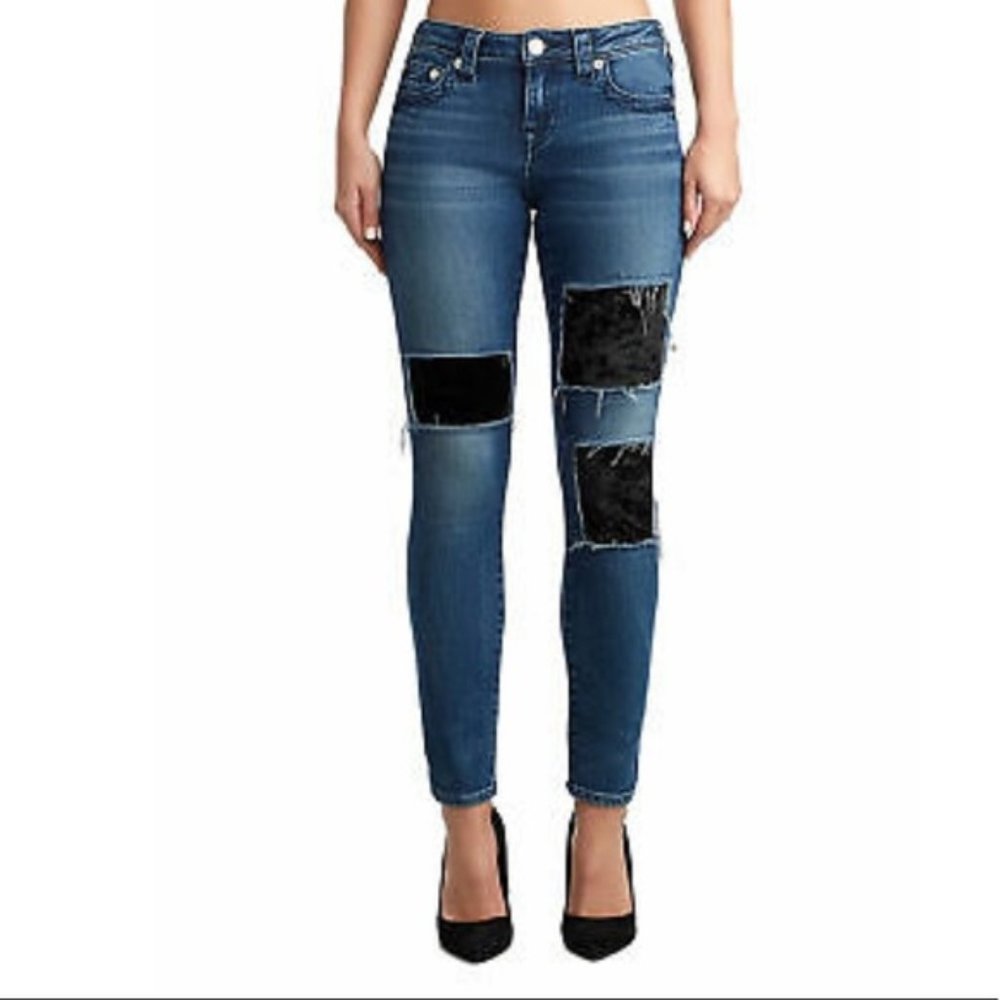 NWT True Religion Halle Velvet Backed Rips Skinny Jean size 24